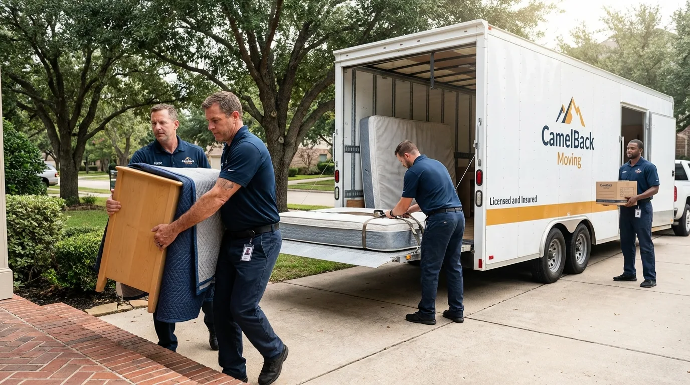 Crew loading residential truck for cross-state move from Stamford, TX