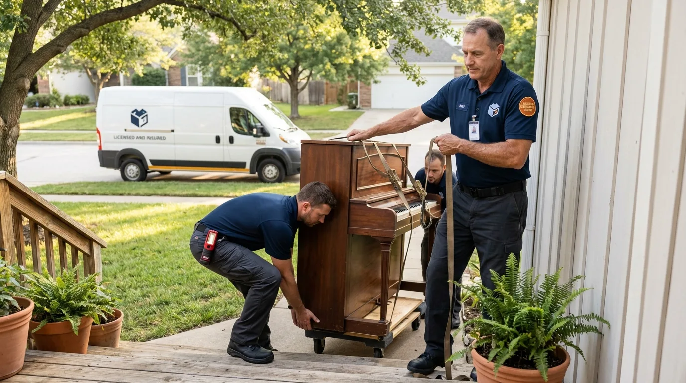 Licensed piano movers securing grand piano in Stamford, TX