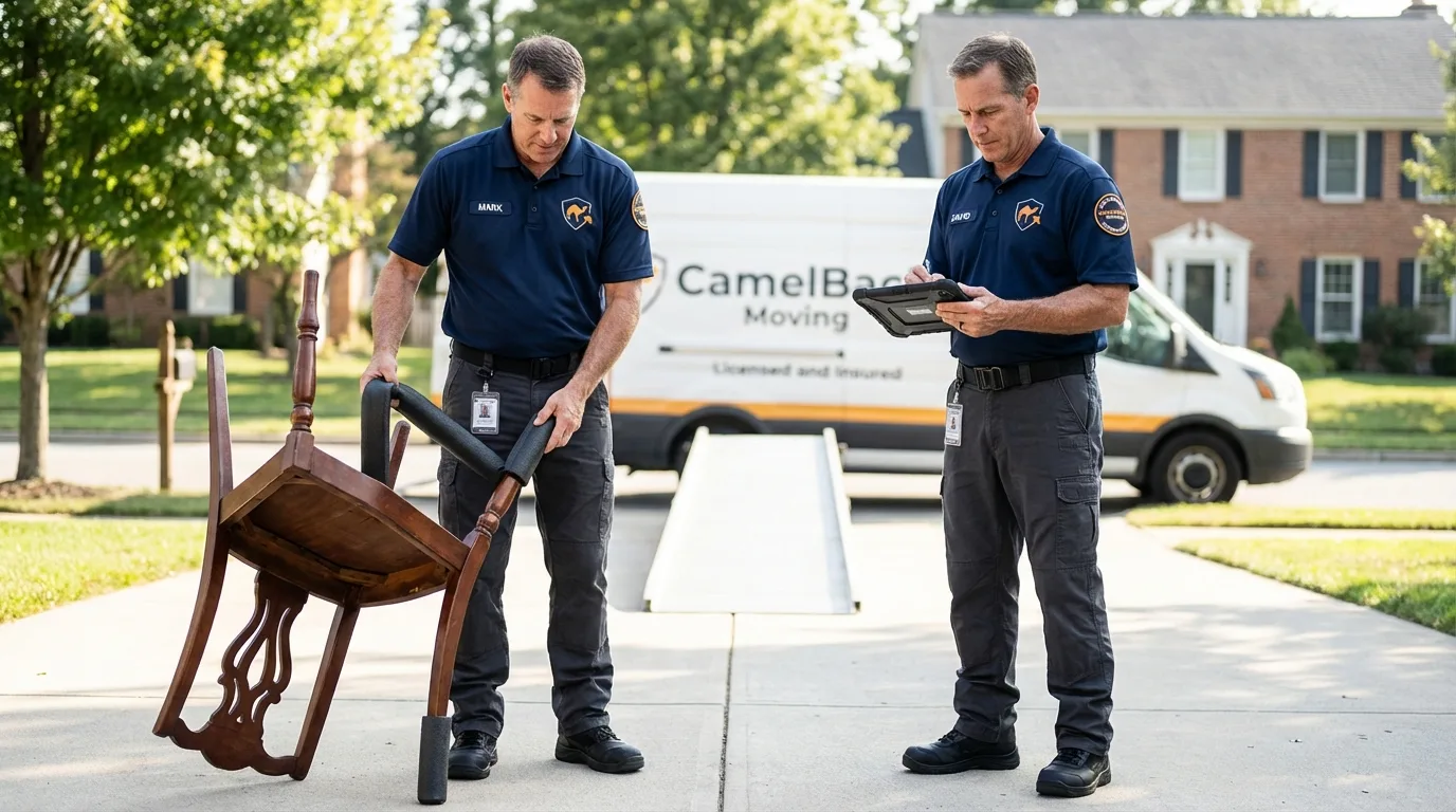 Movers inspecting furniture for damage prevention before loading in Stamford, TX