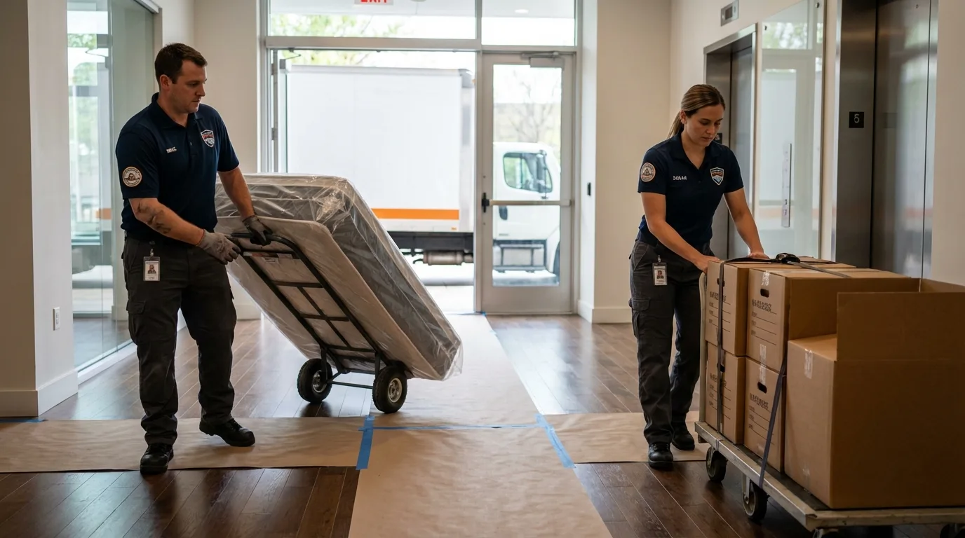 Professional apartment movers loading elevator in Stamford, TX